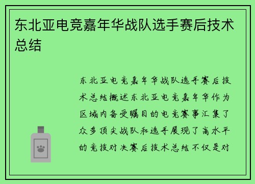 东北亚电竞嘉年华战队选手赛后技术总结