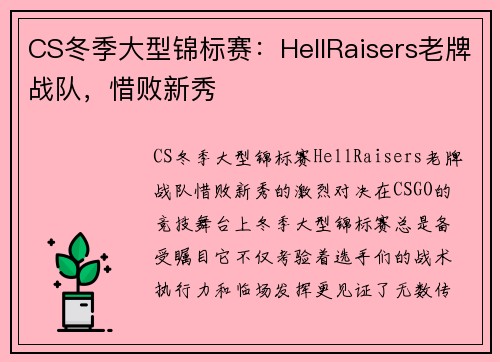 CS冬季大型锦标赛：HellRaisers老牌战队，惜败新秀